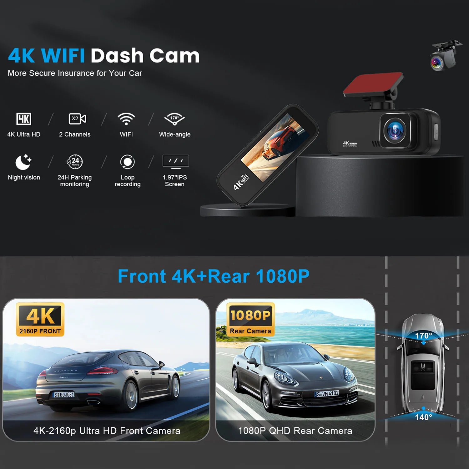 Experience Unmatched Clarity with Our UHD 4K Dash Cam: Front and Rear Cameras for Ultimate Safety!